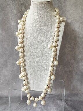 J. Crew Signed Gold Tone Link Chain Glass Pearl Festoon Necklace J Hook Clasp
